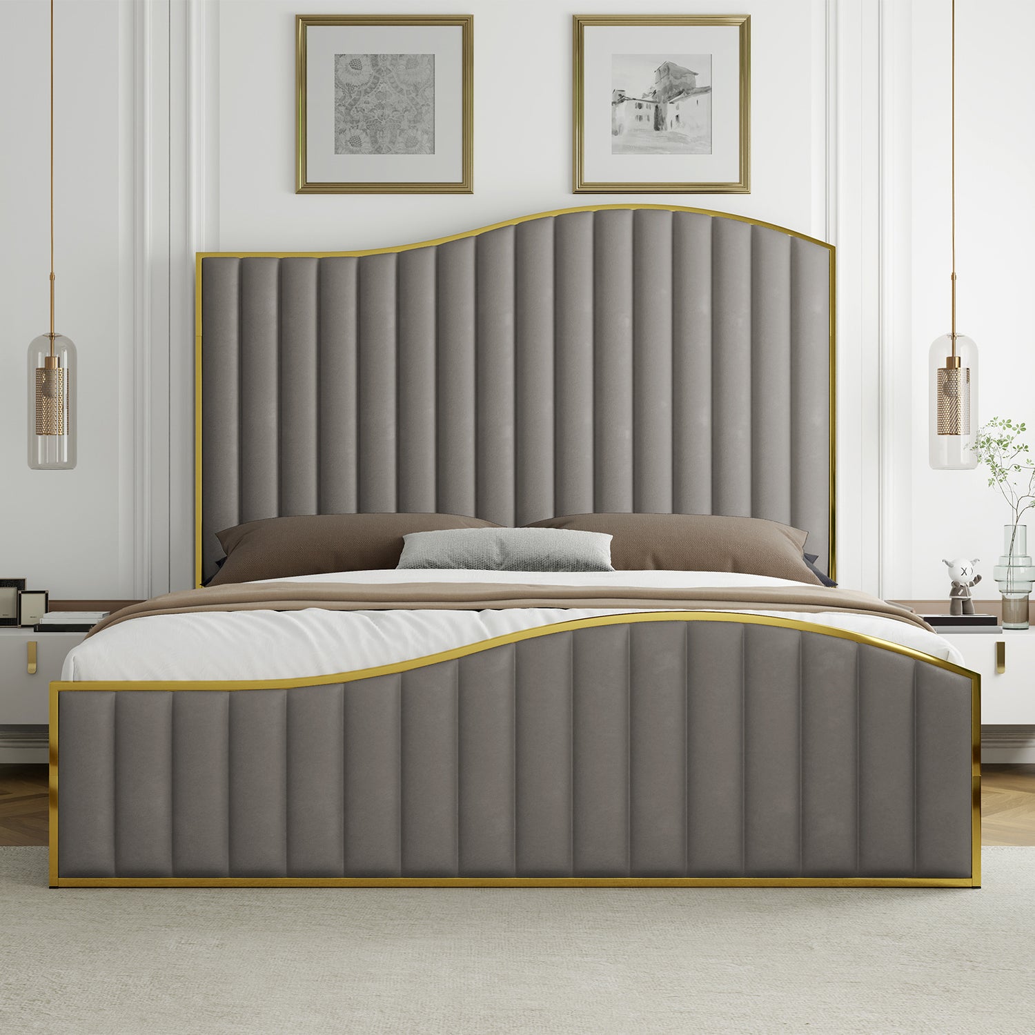 [Luxury | Velvet] Gray Luxury Velvet Platform Bed | 61.4&quot; High Headboard, Contemporary Design, Metal Frame