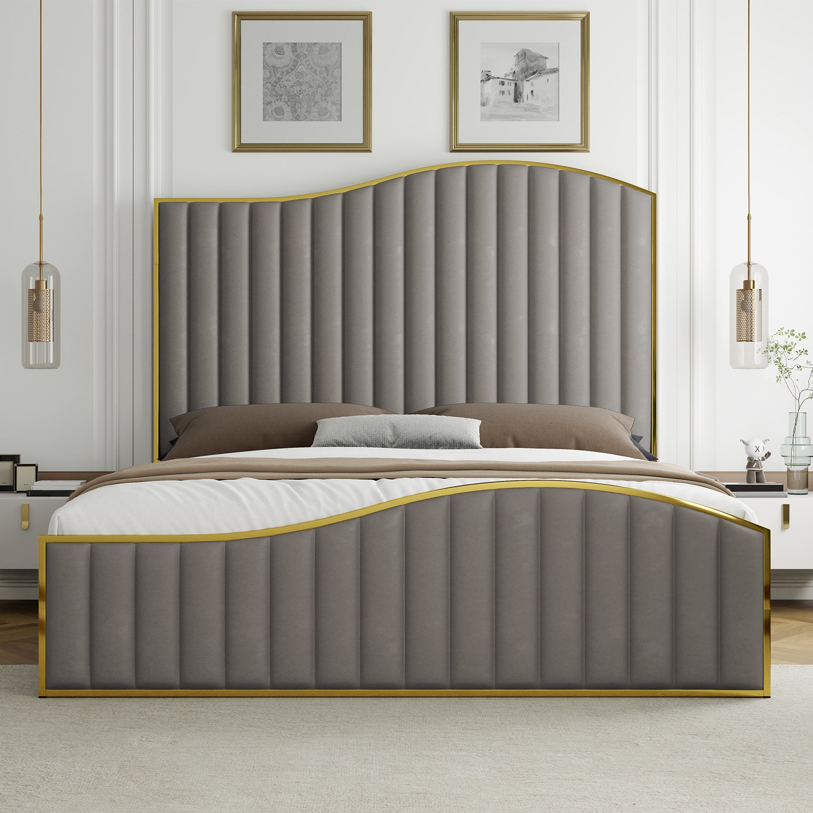 [Luxury | Velvet] Gray Luxury Velvet Platform Bed | 61.4&quot; High Headboard, Contemporary Design, Metal Frame