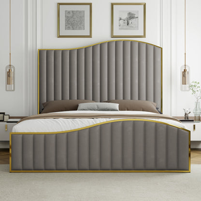 [Luxury | Velvet] Gray Luxury Velvet Platform Bed | 61.4&quot; High Headboard, Contemporary Design, Metal Frame