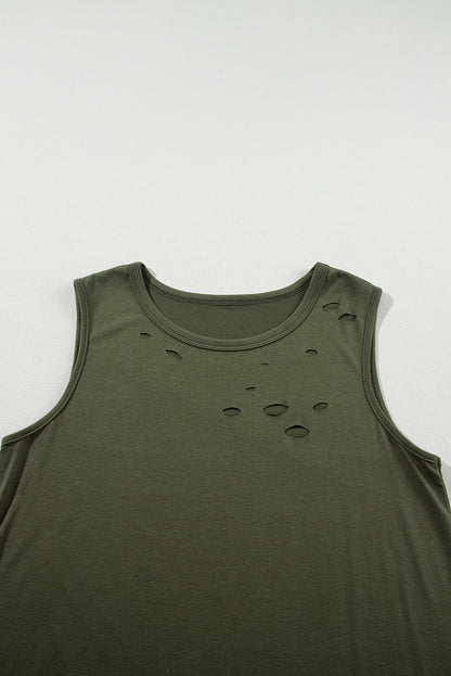 Distressed Jungle Green Crew Neck Sleeveless Tank Top