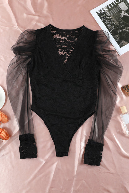 Black V Neck Lace Sheer Puff Sleeve Bodysuit