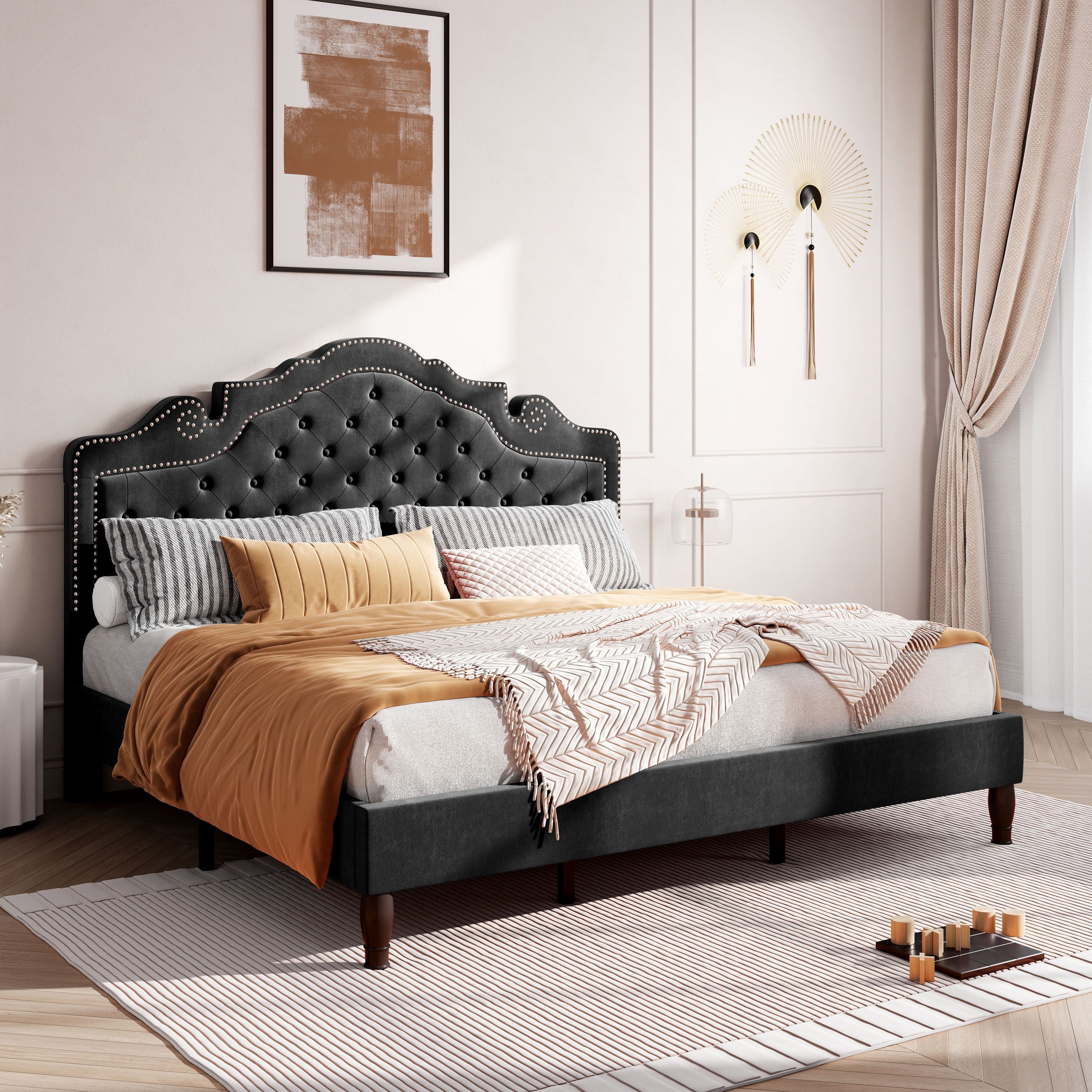 Adjustable Velvet Tiara Headboard Bed Frame - Full/Queen/King Size Upholstered Diamond Button Tufted Platform Bed