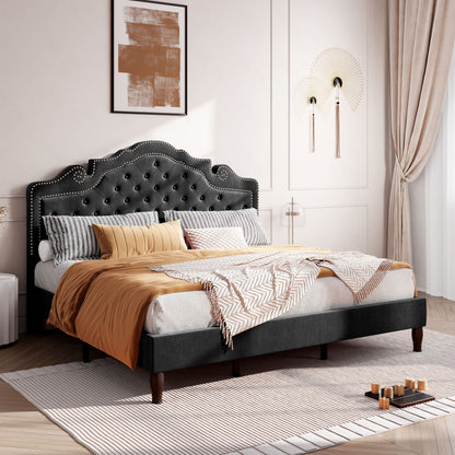Adjustable Velvet Tiara Headboard Bed Frame - Full/Queen/King Size Upholstered Diamond Button Tufted Platform Bed