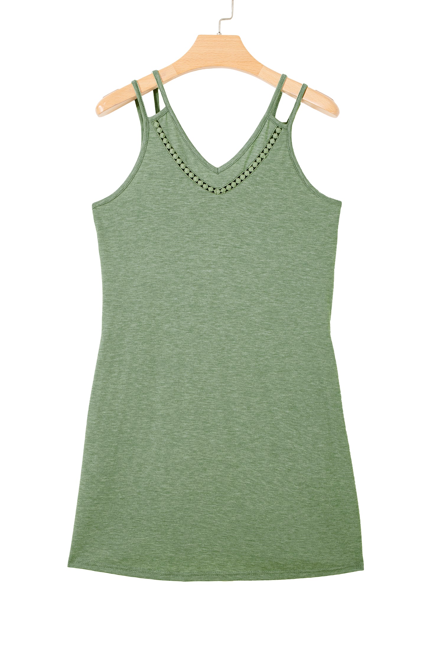 Grass Green Solid Color Lace Detail V Neck Sleeveless Shift Mini Dress