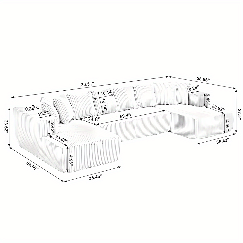 4-Seater Modular U-Shaped Sectional Sofa with Chaise Lounge | Striped Corduroy Upholstery, Grey | Free Configuration, Easy Assembly