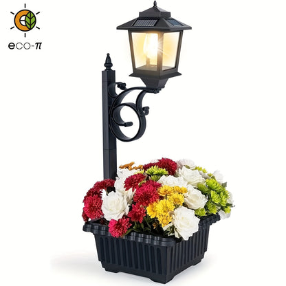 1pc High-Quality Solar-Powered Garden Street Lamp with Flower Pot - Large, Decorative Black Metal Light with Solar Charging, 1500mAh Battery, Outdoor Solar Lights for Garden, Pathway, Yard, Patio