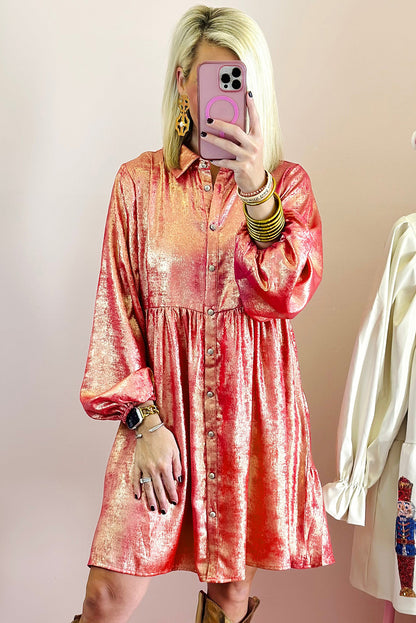 Metallic Sheen Puff Sleeve Button Up Mini Shirt Dress: Peach Blossom