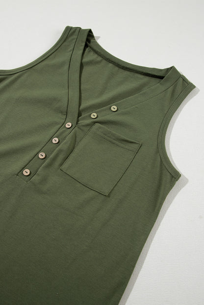 Trendy Jungle Green V-Neck Tank Top with Half Buttons and Patched Pocket