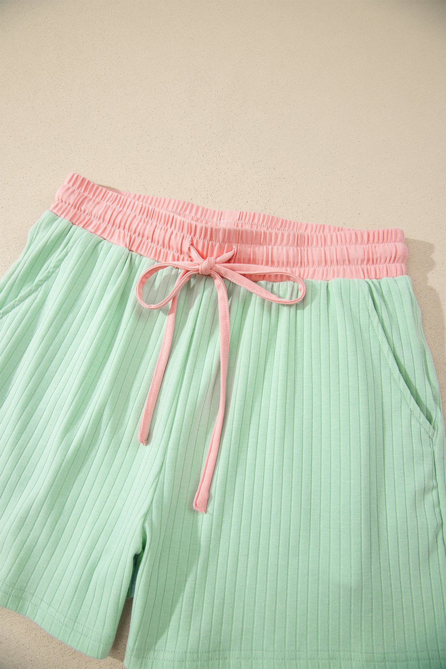 Yellow Cream Soft Ribbed Color Block Trim Casual Short Set