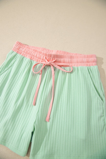 Yellow Cream Soft Ribbed Color Block Trim Casual Short Set
