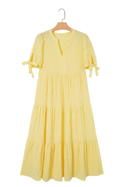 Dusk Blue Gingham Textured Bow Tie Short Sleeve Tiered Midi Dress