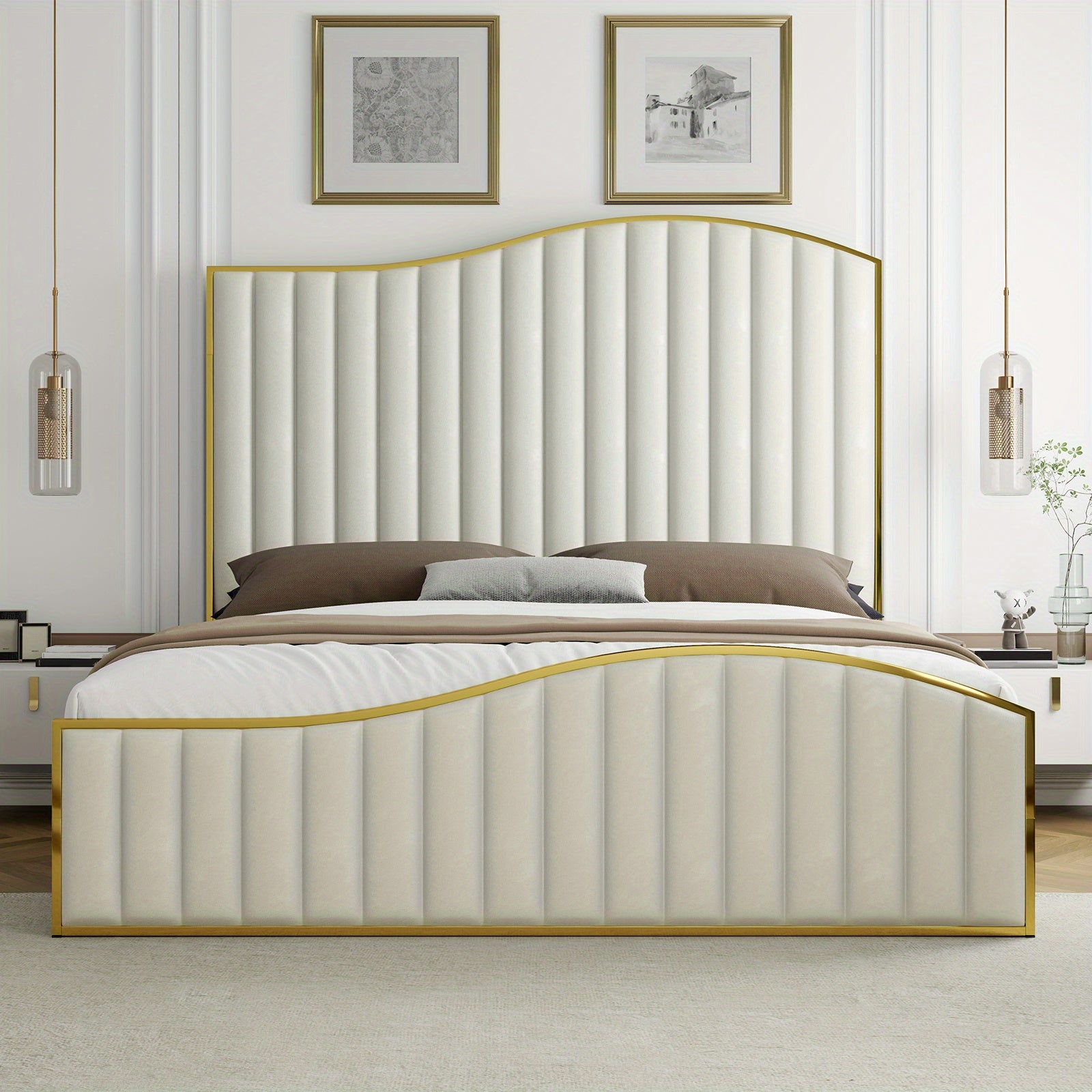 [Luxury | Velvet] Gray Luxury Velvet Platform Bed | 61.4&quot; High Headboard, Contemporary Design, Metal Frame
