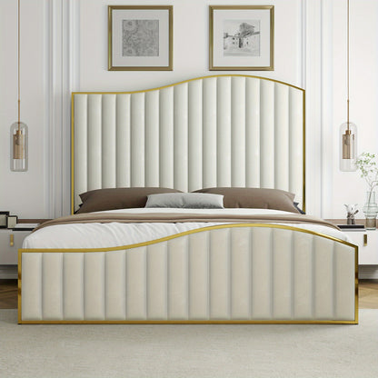 [Luxury | Velvet] Gray Luxury Velvet Platform Bed | 61.4&quot; High Headboard, Contemporary Design, Metal Frame