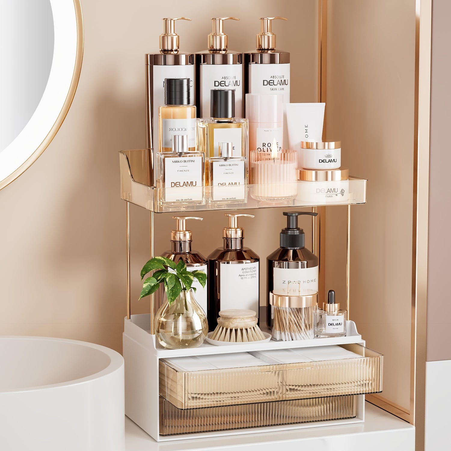 2-Tier Delamu Bathroom Organizer - Multi-Purpose Makeup &amp; Skincare Storage, Large Countertop Vanity with 2 Drawers