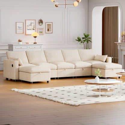 Multi-Seater Fabric Sectional Sofa | Comfortable Sectional Sofa With Storage, Cup Holder, Soft Recliner Combination Sofa For Living Room Or Office, Beige