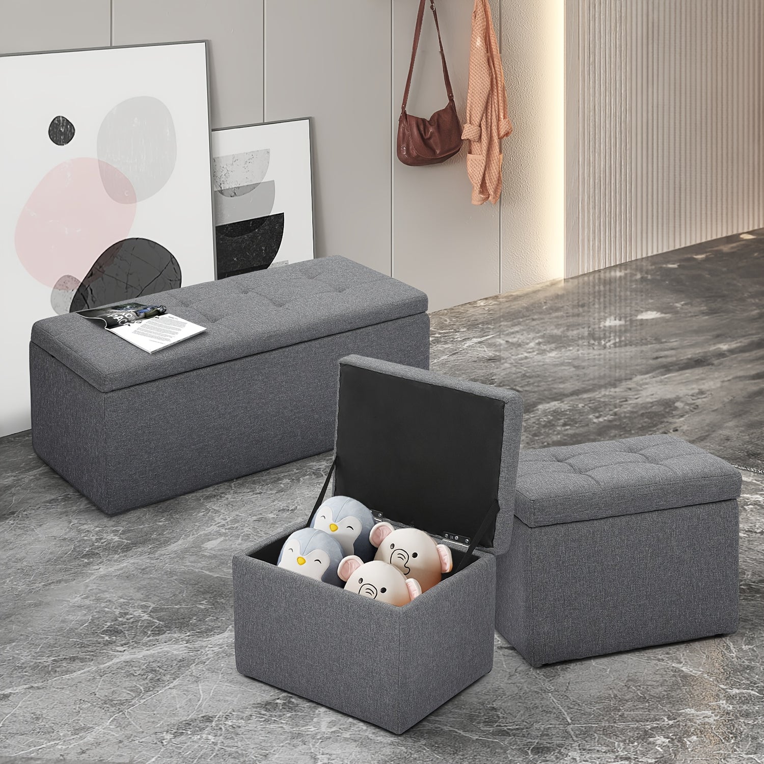 Set of 3 Large Storage Ottoman Bench Set, Combination Ottomans, Tufted Footrest Stool Footstool Bench