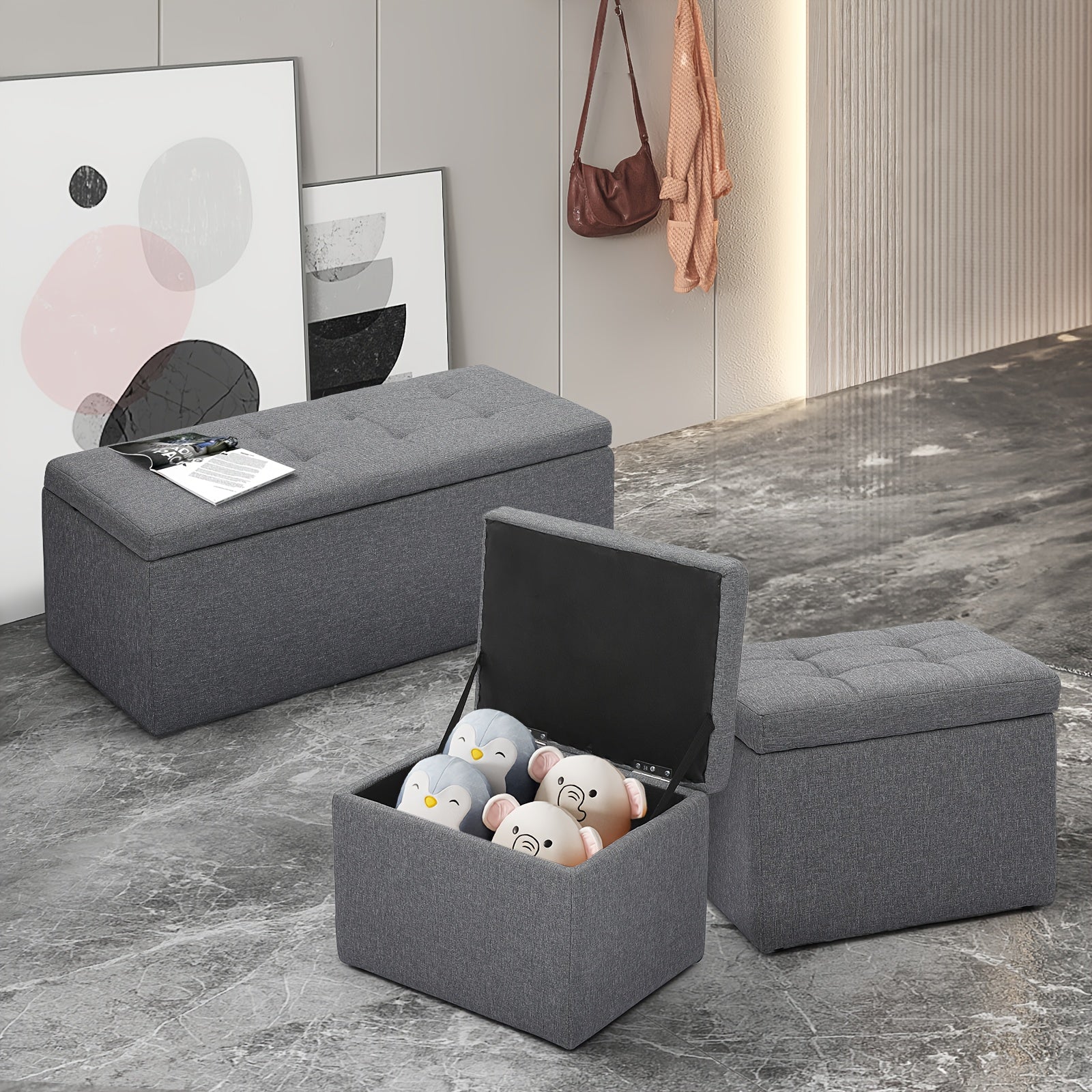 Set of 3 Large Storage Ottoman Bench Set, Combination Ottomans, Tufted Footrest Stool Footstool Bench