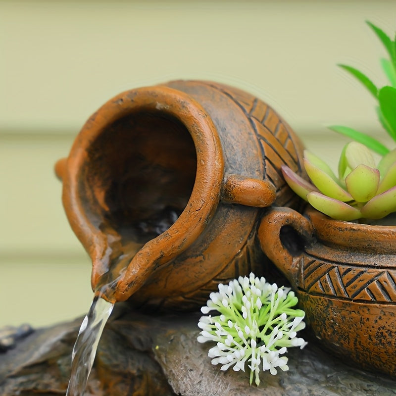 1pc Zen Frog Outdoor Tabletop Fountain, 8.9 Inches High, with Clay Pots, Trees, LED Lights And Water Pumps, Suitable for Outdoor, Water Fountain