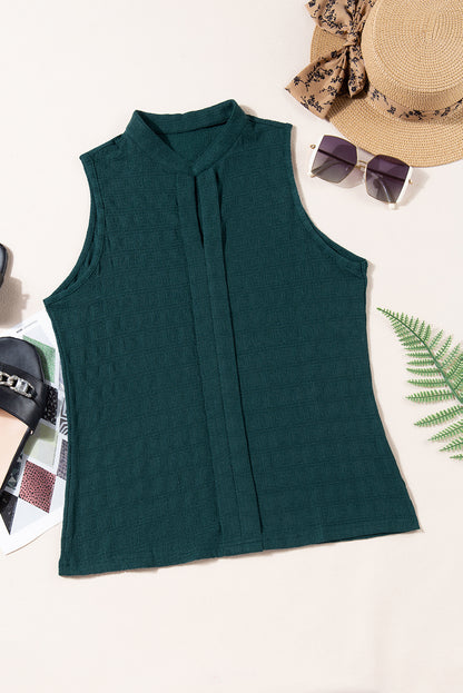 Elegant Sea Green Split Neck Lattice Tank Top