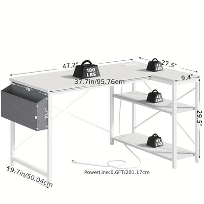 L Shaped Computer Desk With Power Outlets, Computer Desk With Storage Shelves, Home Office Corner Desk For Work, Writing Study Desk With Gaming Desk For Bedroom Office Dorm