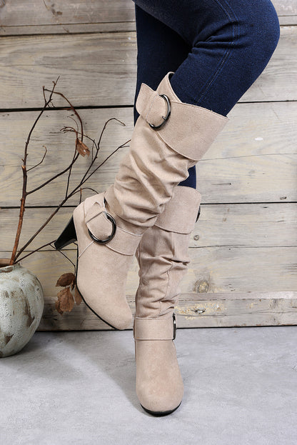 Beige Dual Buckle Strap Side Zip Heeled Mid Calf Boots