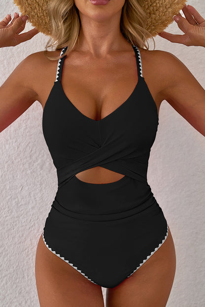 Ric Rac Trim Contrasted Patchwork Cutout One Piece Swimsuit - Rose Red