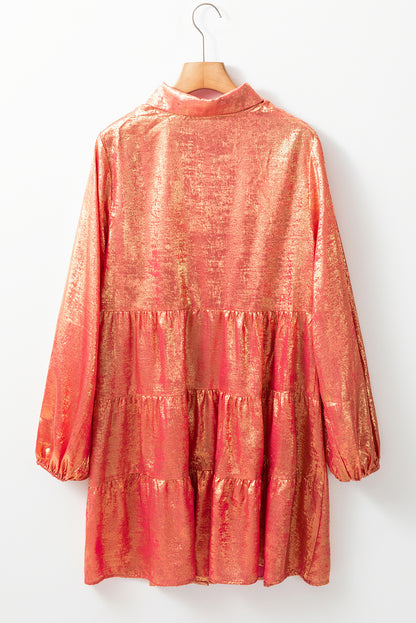 Metallic Sheen Puff Sleeve Button Up Mini Shirt Dress: Peach Blossom