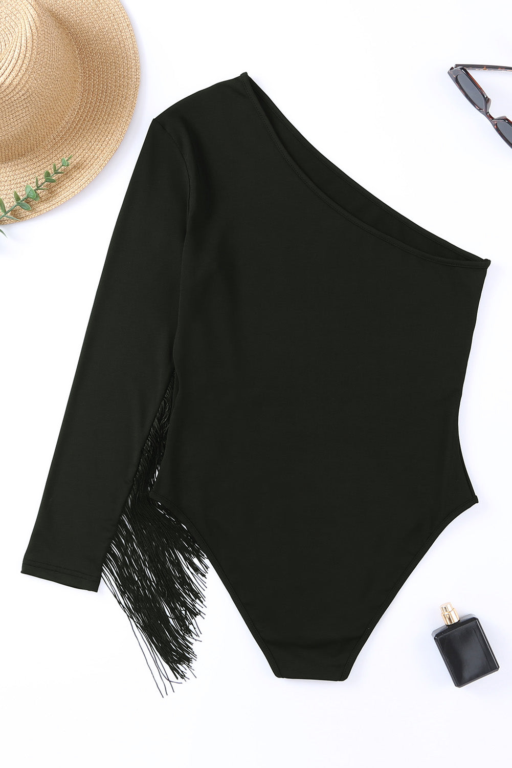 Black One Shoulder Fringed Long Sleeve Bodysuit