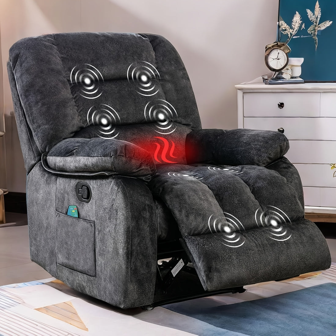 Large Recliner Wide Manual Recliner for Seniors Fabric Living Room Upholstered Adult Recliner, Elderly Lounge Chair with Heating Massage, Side Pockets and USB Charging