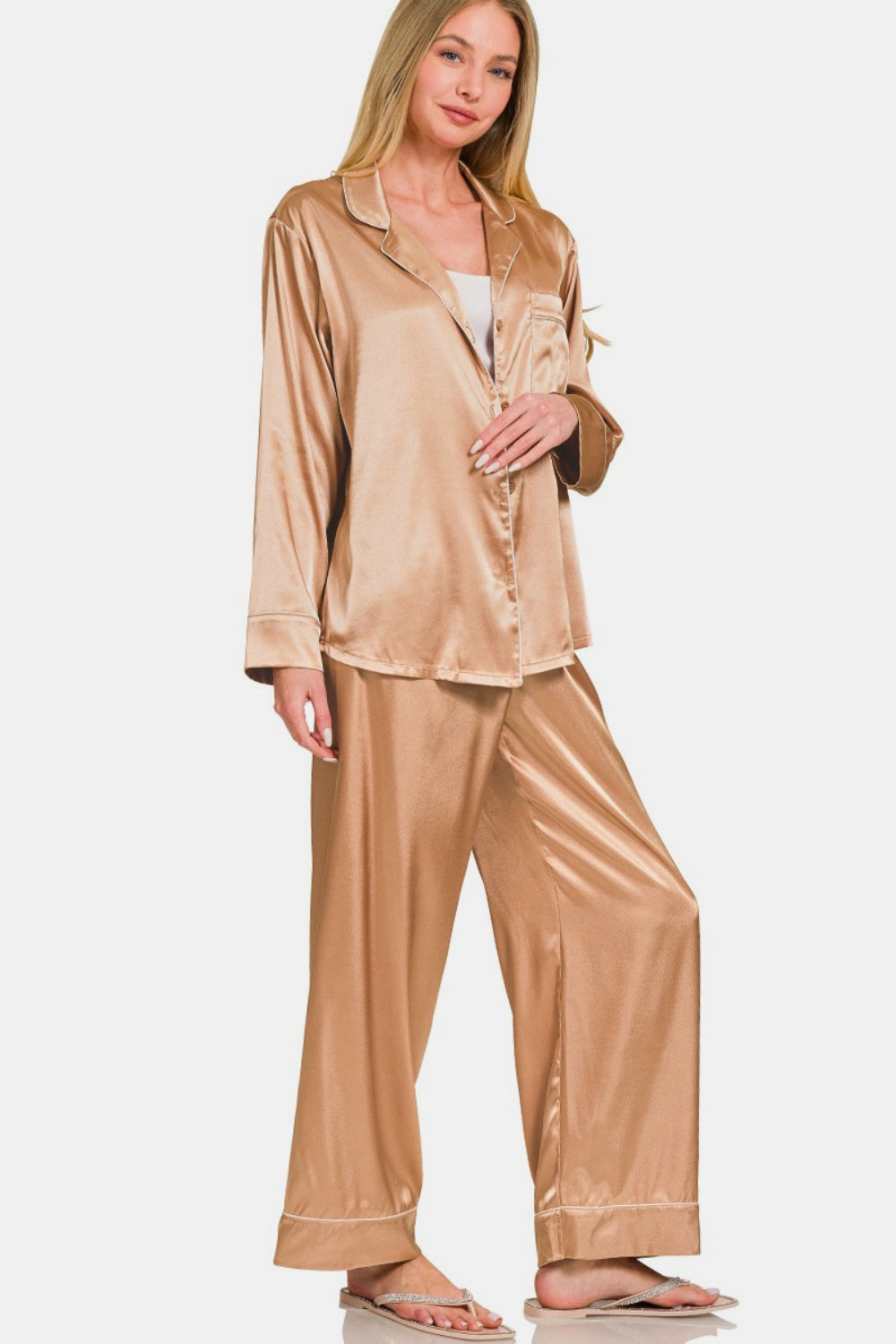 A Zenana Satin Pajama Set with a Long-Sleeved Shirt and Pants